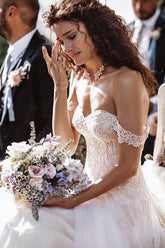 Champagne Tulle Bridal Dress Off-the-Shoulder With Appliques-27dress